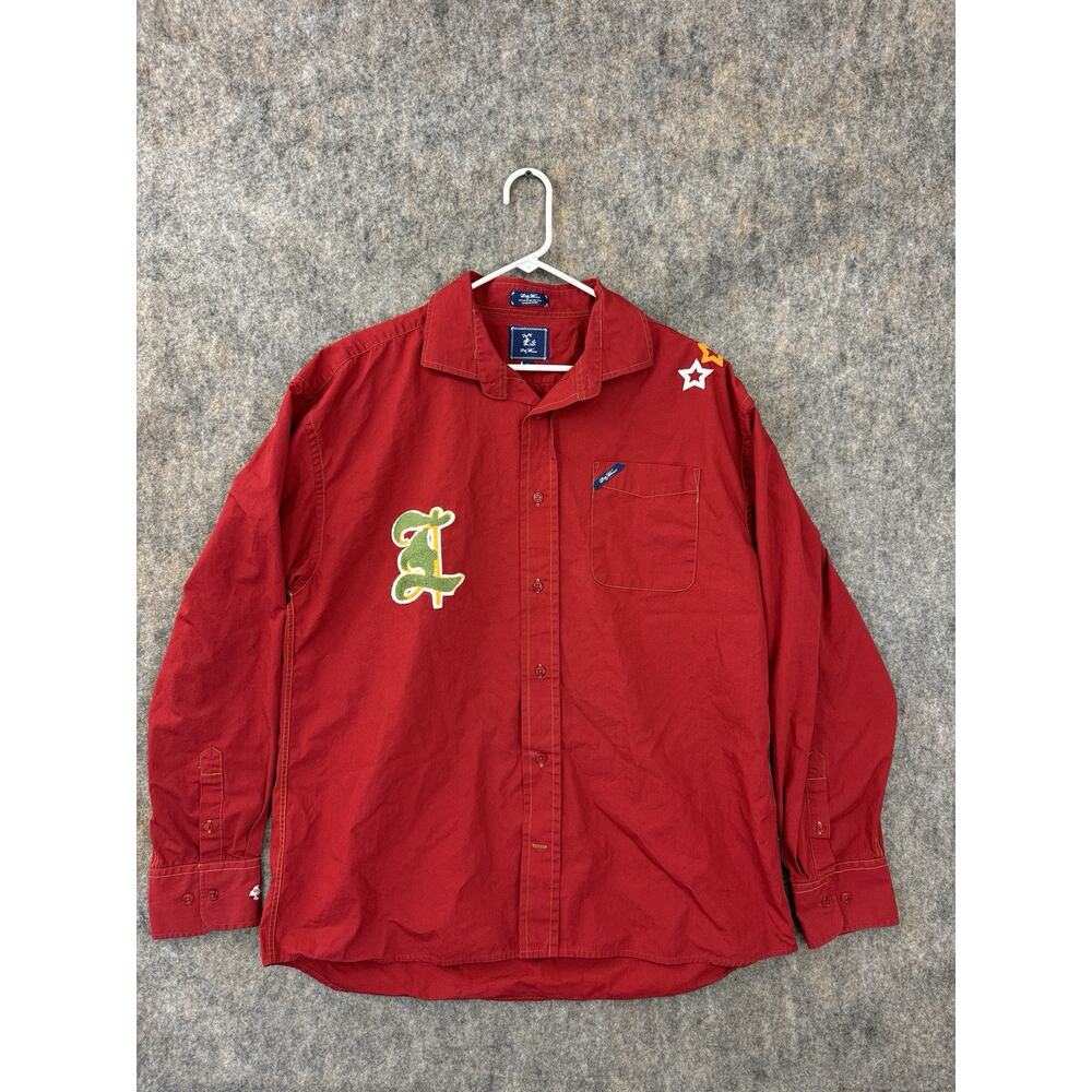 LRG Woven Red Button Up Shirt Size XL Y2K Lifted Research Group Lion Patches